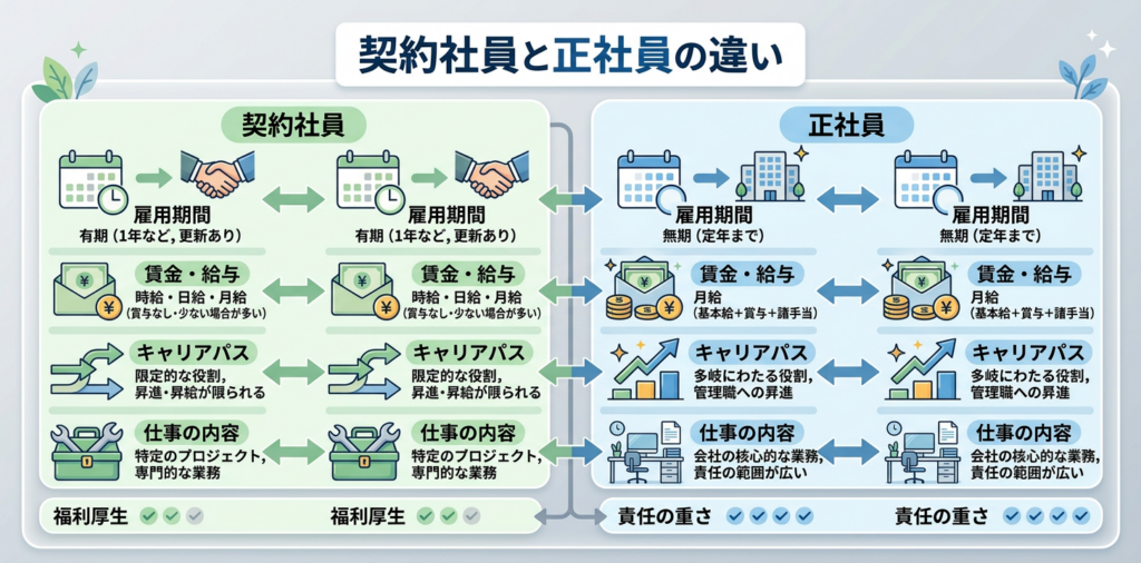 Chart comparing contract employees and regular employees on employment period, salary, career path, job content, benefits, and responsibilities.