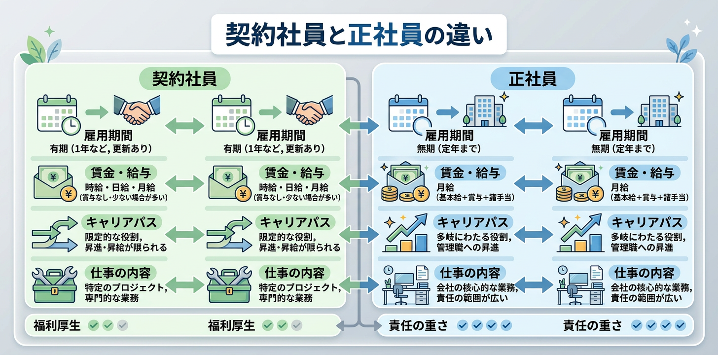 Chart comparing contract employees and regular employees on employment period, salary, career path, job content, benefits, and responsibilities.